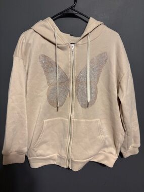 SHEIN Cream Zip-Up Hoodie with Rhinestone Butterfly